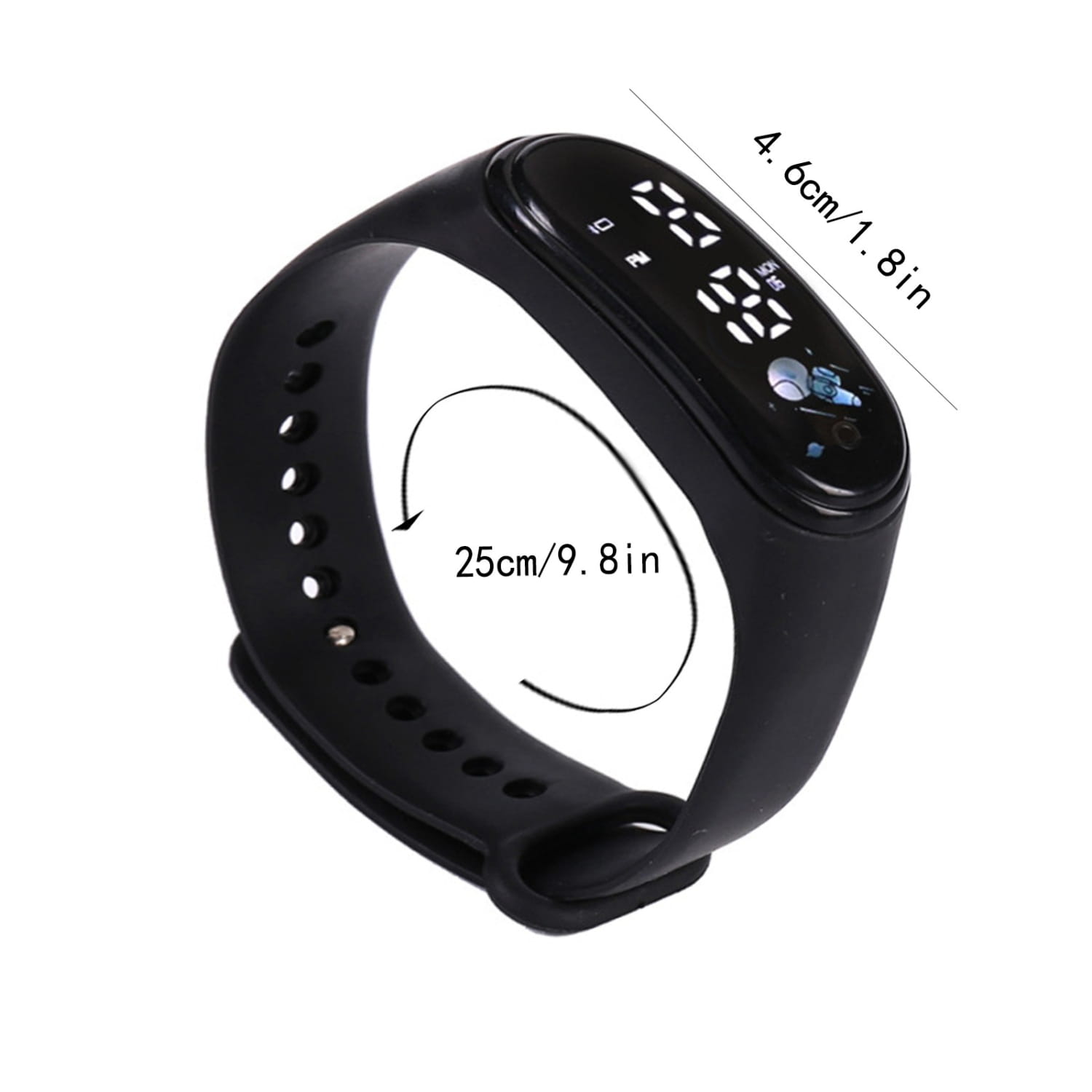 Black silicone kids digital LED sports watch with a fitness tracker digital display showing time and steps.