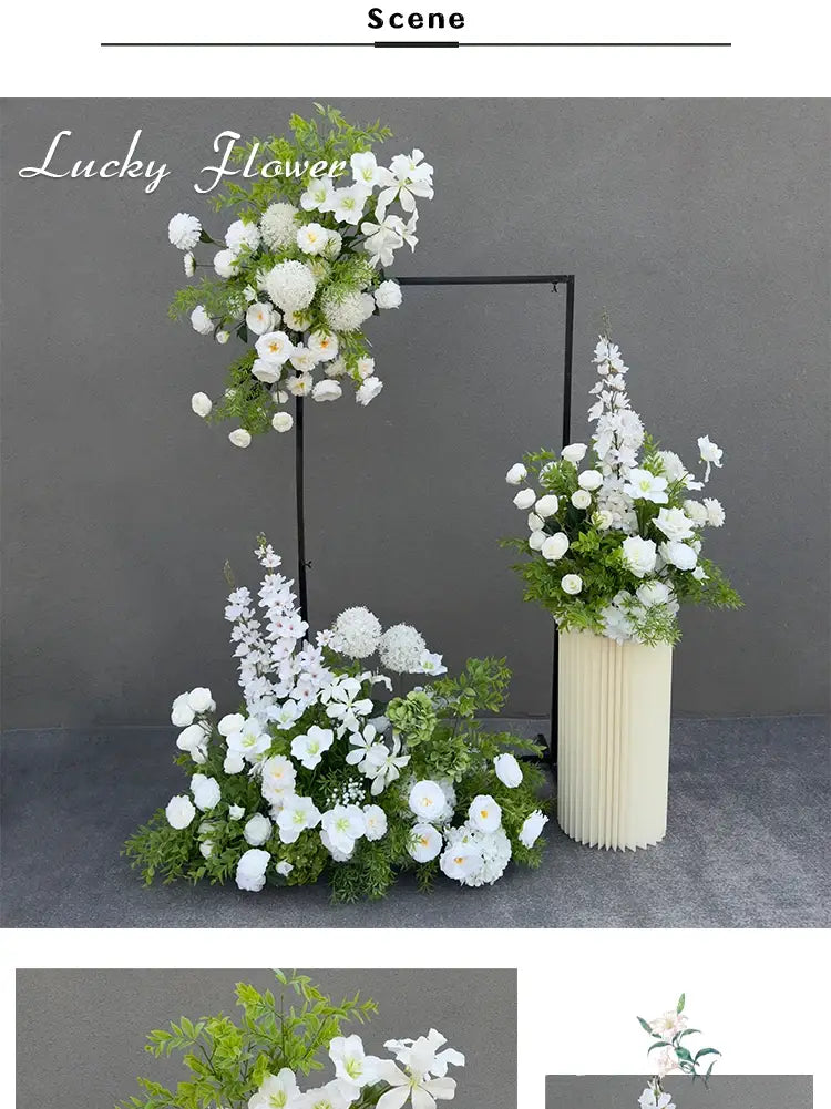 white artificial flower arrangement in a cream-colored pleated vase for artificial flowers wedding arch floral backdrop row