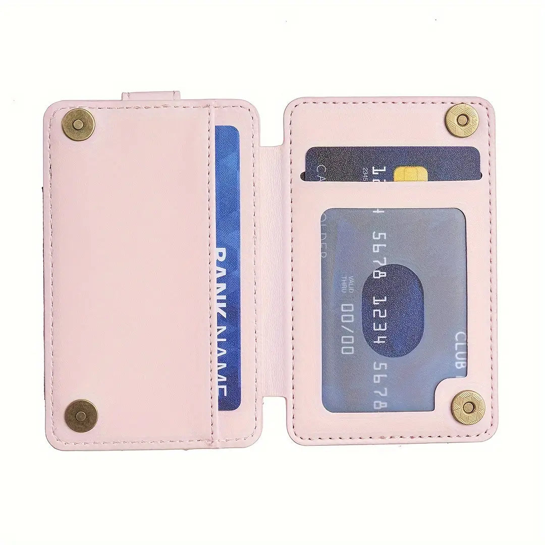 pink leather universal ring small card holder for smartphones with gold-tone hardware and stitched edges viewed from the front