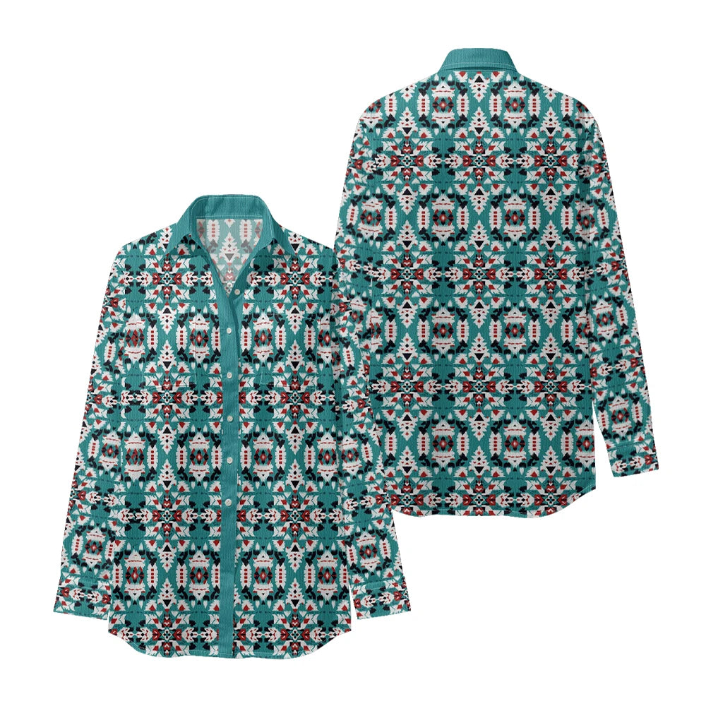 Ethnic-Inspired Long-Sleeve Women Shirt with Aztec Geometric Pattern Printed Front 2 Pockets Button-Up Retro Tribal Casual Style
