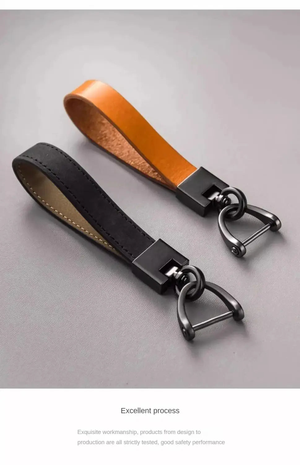 Tan suede leather car keychain ring featuring black and tan leather with matte black metal hardware.