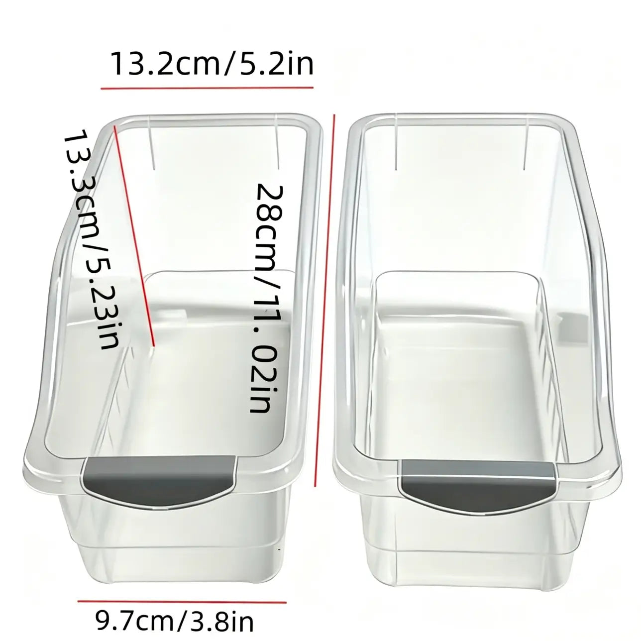 clear plastic storage bins with gray lidded handles in two sizes 13.2 cm by 9.7 cm and 28 cm by 11 inches for organized storage solutions