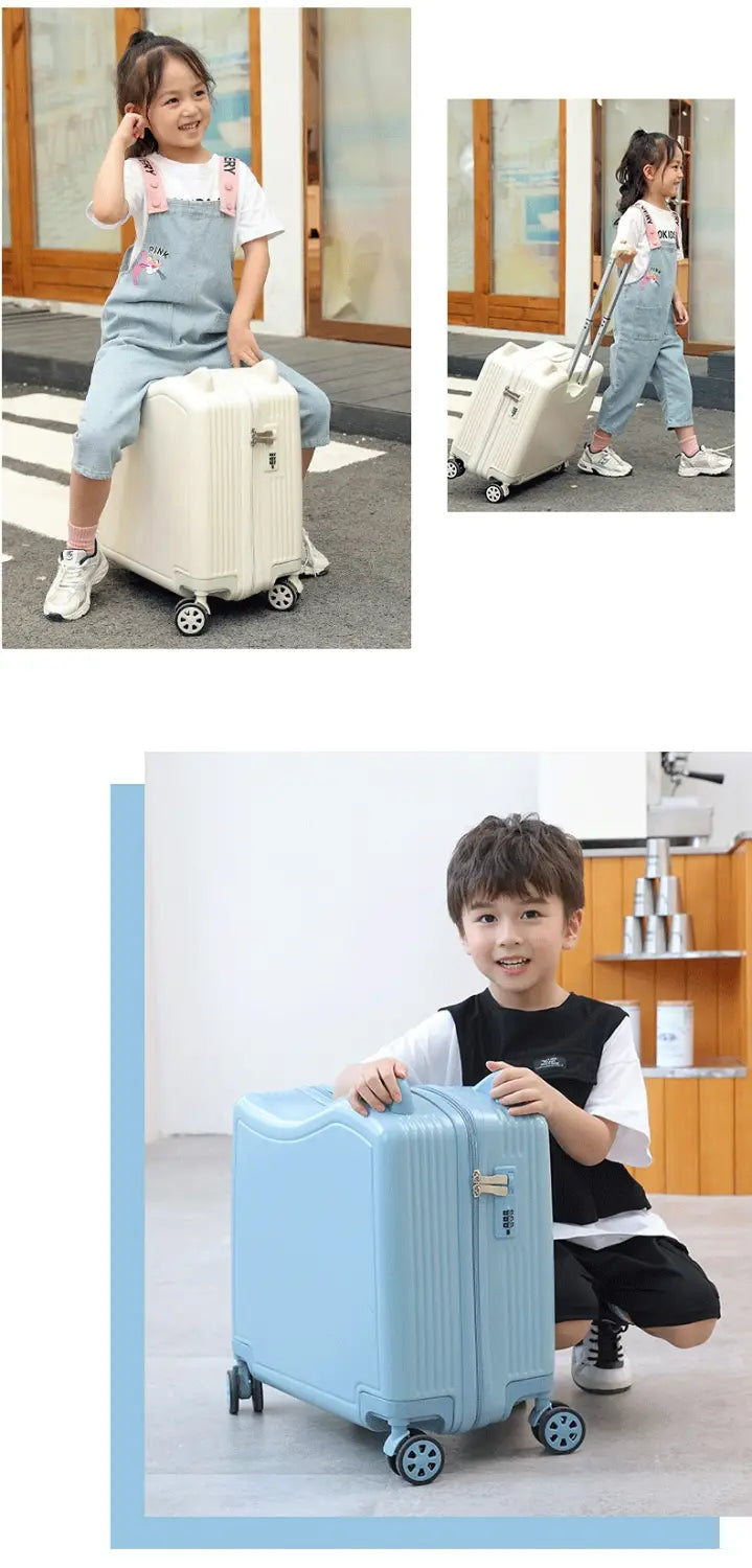 hellblauer Hartschalen-Kinder-Ride-on-Spinner-Koffer mit vier Rädern und ausziehbarem Griff für die Nutzung als Reisetrolley