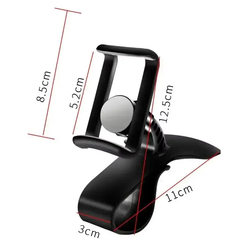 Black plastic car phone holder with a silver magnetic center and adjustable clip designed for 360 rotatable dashboard mount universal use.