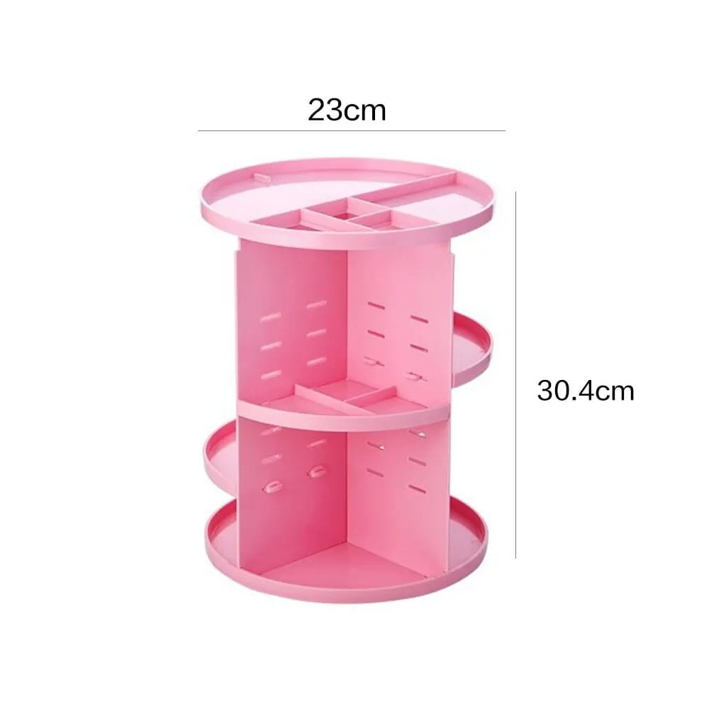 Organisateur de maquillage tournant en plastique rose à trois niveaux, avec des étagères circulaires et des séparateurs verticaux pour un stockage cosmétique à 360 degrés