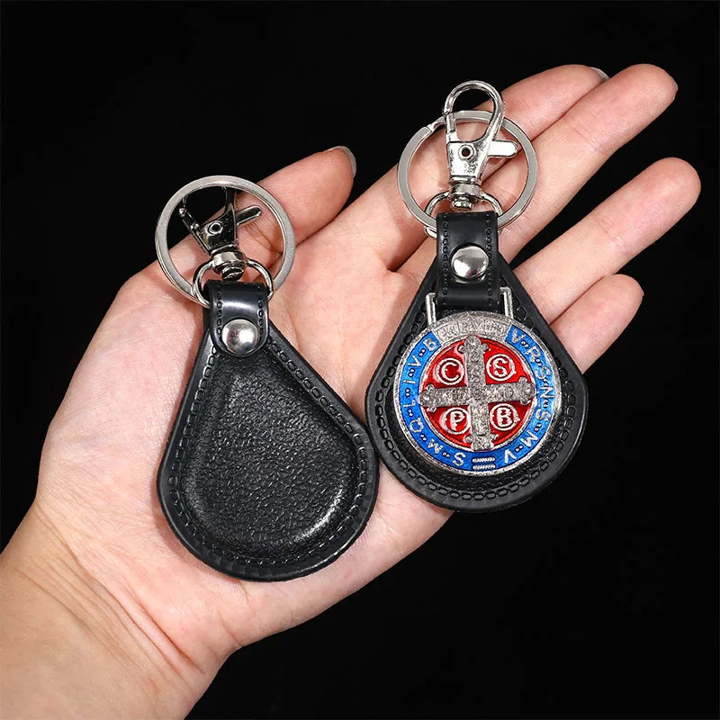 PU Leather Keychain Saint Christopher Charm Pendant Men Antique Bronze Plated Hook Keychain Car Keychain