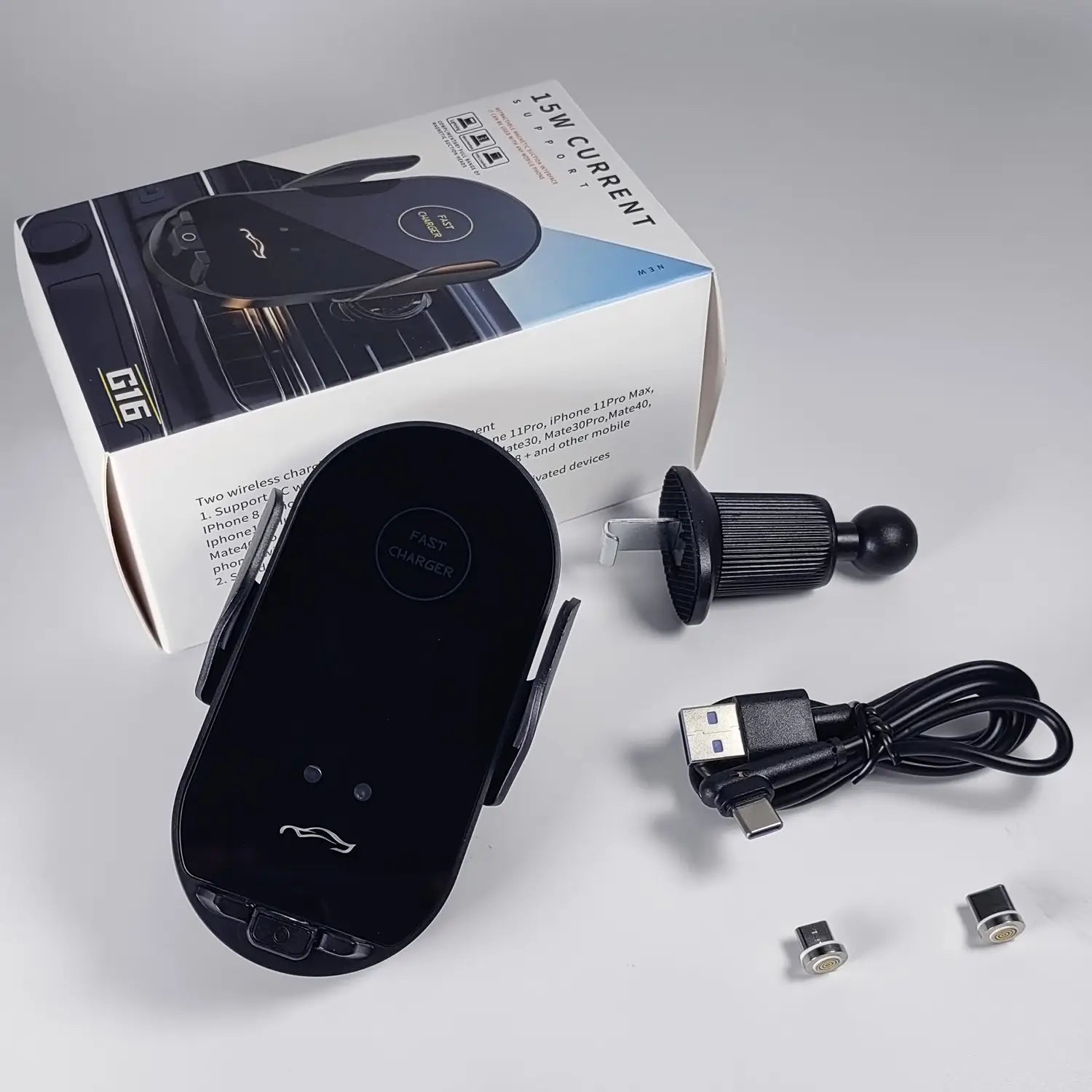 Support de téléphone Ford F150 noir avec montage de charge sans fil, design incurvé élégant et logo blanc minimaliste, offrant des capacités de charge magnétique.