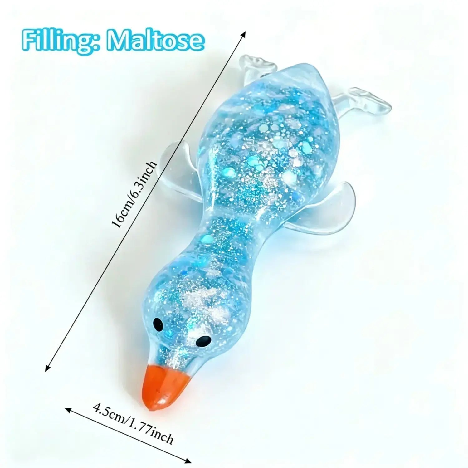 Un jouet translucide en forme de canard, rempli de gel bleu, avec un bec orange vif et des particules de maltose scintillantes, conçu comme jouet à mâcher et à malaxer en forme de fromage pour soulager le stress.