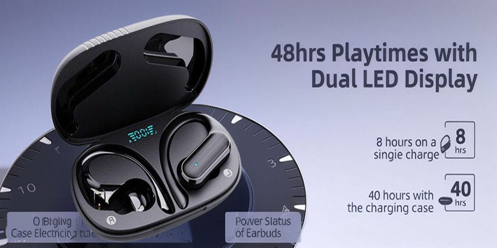 Black wireless earhook earbuds in a sleek glossy charging case with a dual led display showing battery status featuring hd stereo sound and Bluetooth 5.0 connectivity.