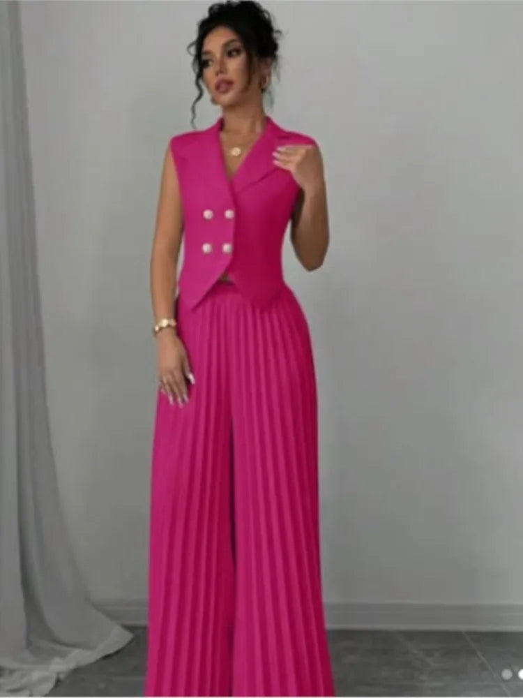 Elegant Formal Women Vest Trousers 2 Pieces Spring New Fashion Retro Wide-leg Pleated Pants Slimming Sleeveless Vest Female Set