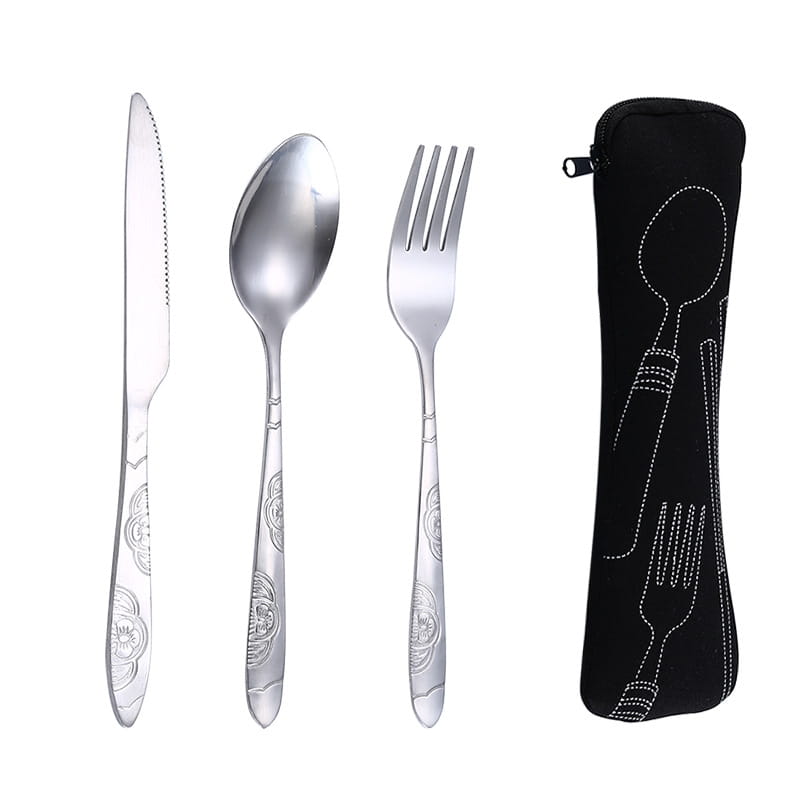 Portable stainless steel travel cutlery set featuring silver stainless steel knife spoon and fork with floral engraved handles displayed alongside a black zippered carrying case.