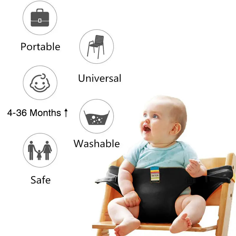 4か月から36か月の乳幼児向けの黒色生地ベビーハイチェア用安全ベルト。耐久性のある素材で作られており、確実な子どものハーネス用途に使用します。