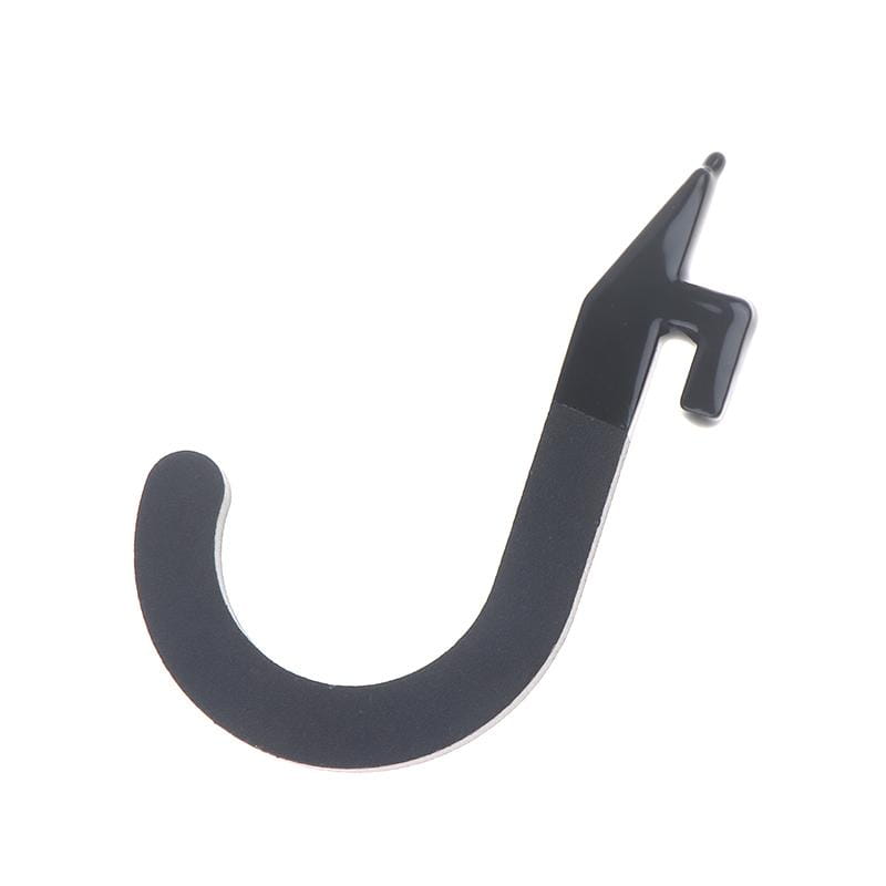 black plastic heavy duty squat rack storage hook with s-shape, small tab, and pointed tip for weight holder.