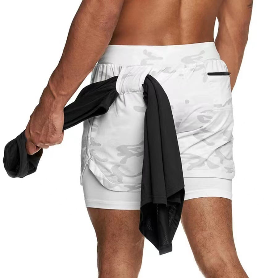 men 2 in 1 gym shorts with white and gray camouflage pattern featuring a double-layer quick dry design for workout activewear