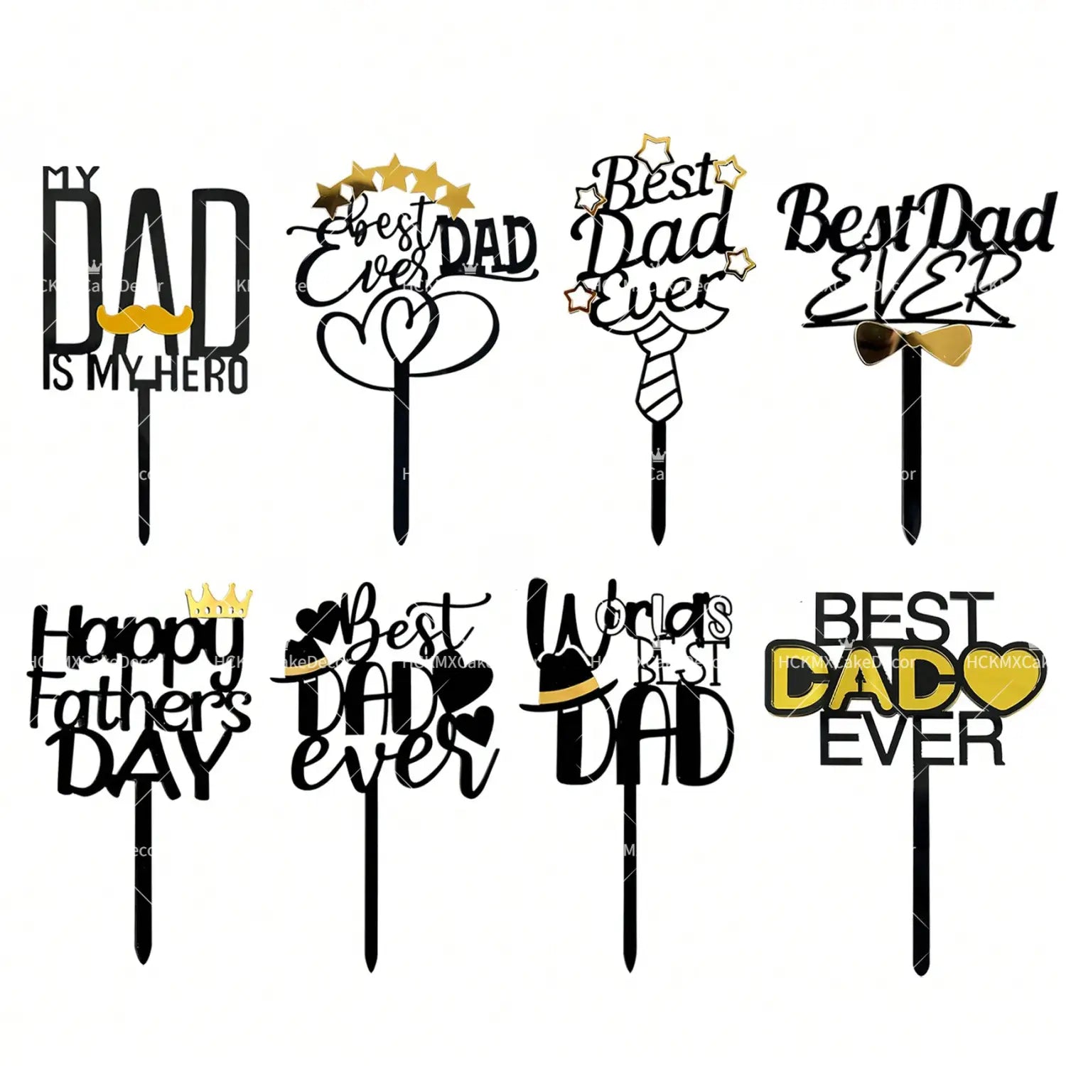 Black and gold father’s day acrylic cake topper set featuring decorative crowns stars ties bowties and hearts.
