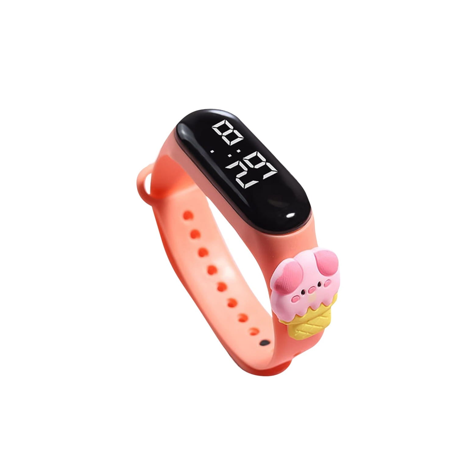 A coral-colored kids silicone digital watch with a black digital display showing the time and a pink ice cream character charm, made of life waterproof material.