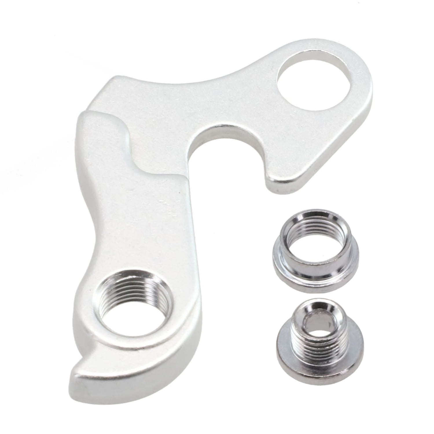 Placa/soporte de cambio trasero de aleación de aluminio para Merida y Carrera, acabado plateado metalizado, mostrada desde la parte posterior con dos tuercas de fijación roscadas a juego.