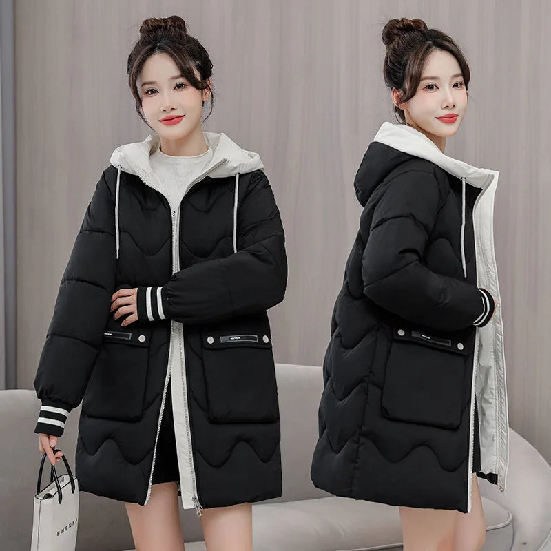 Winter Thicken Hooded Cotton Padded Jacket Women Fashion Contrast Color Mid-length Warm Coats Ladies Loose Big Pockets Outerwear