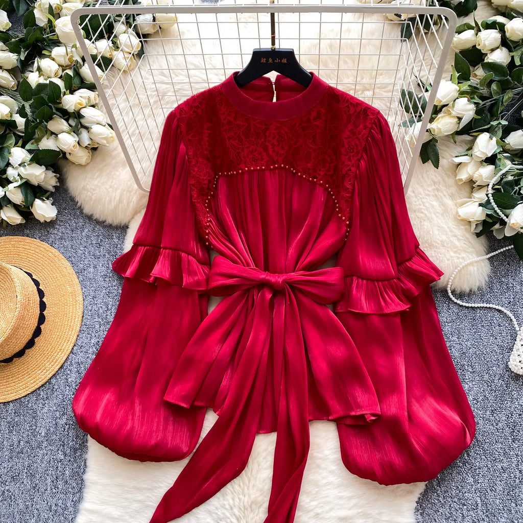 Blouses Women Shirt Vintage Puff Sleeve Tops Round Neck Casual Loose Y2k Streetwear Elegant Splice Shirts 2026 Autumn Winter