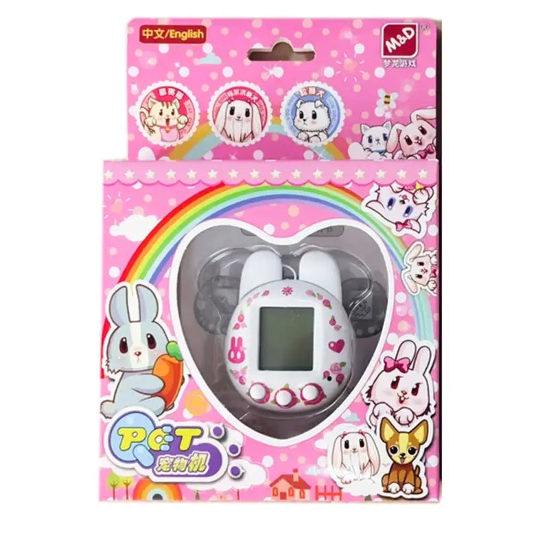 White bunny-themed electronic pet handheld toy with pink accents and a small screen in colorful packaging for virtual pet and pet game use.