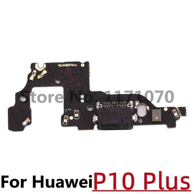 Black rectangular charging port flex cable replacement board with gold connectors and central usb-c connector for Huawei p10 plus compatible with p10 p20 p30 models.