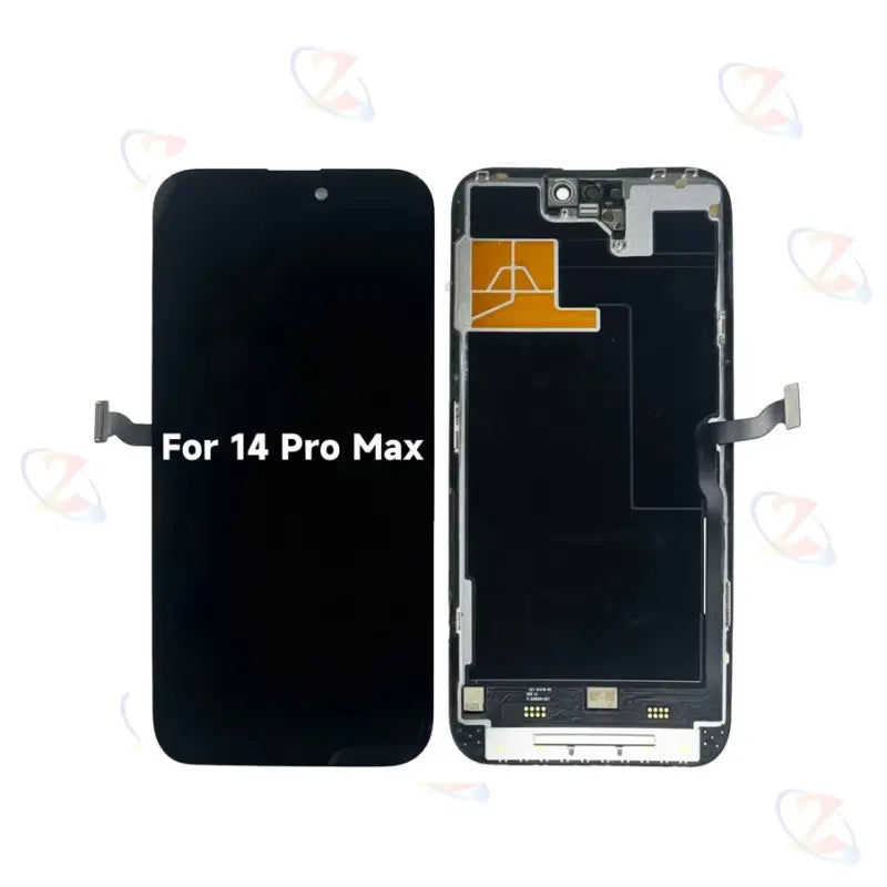 Schwarze Touchscreen-LCD-Bildschirm-Baugruppe für iPhone 14 Pro Max, mit Vorder- und Rückseite und sichtbaren internen Komponenten, kompatibel mit dem Marken-Ersatzteil