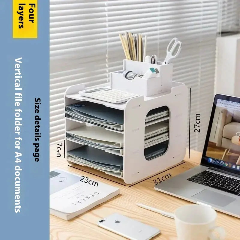 white plastic desktop file organizer and storage rack with vertical four-layer file folder for a4 documents and a top compartment for office supplies