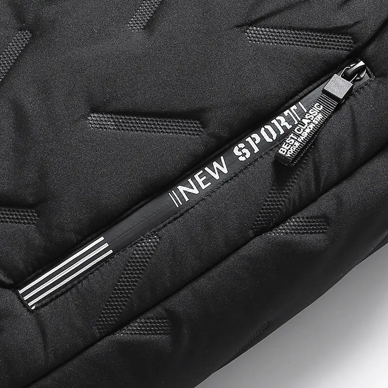 Black quilted backpack with new sport zip pull and three white stripes paired with men fleece lined thermal sweatpants suitable for waterproof winter use