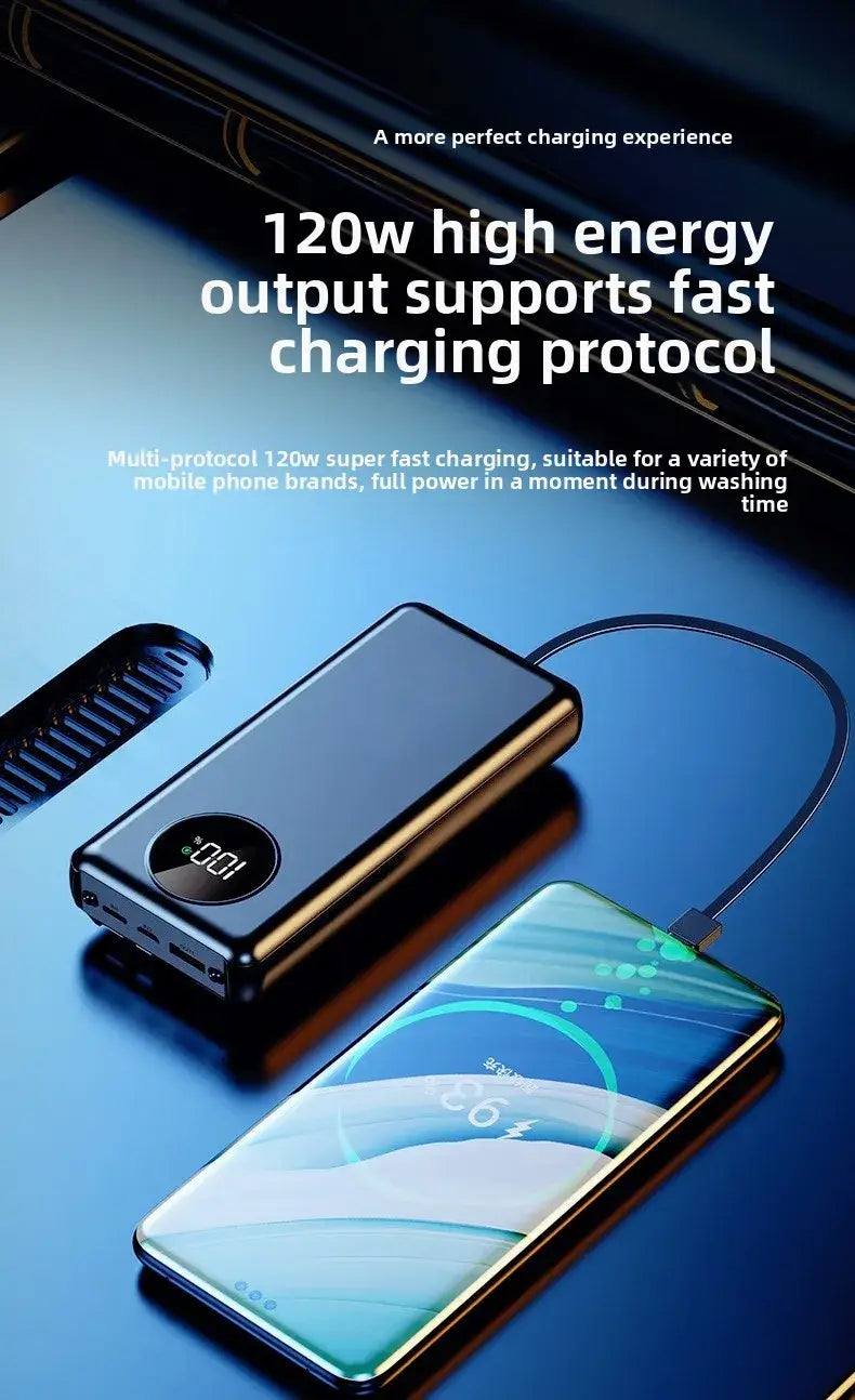 black and gold power bank 20000mah with 120w fast charging and digital display featuring 5v2a output for efficient portable device charging