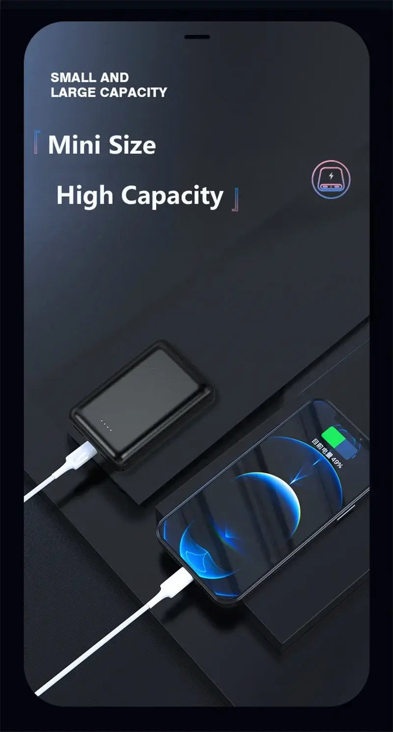 Black rectangular portable power bank with 20000mAh capacity connected by white charging cable to smartphone for charging devices and air conditioning clothing.