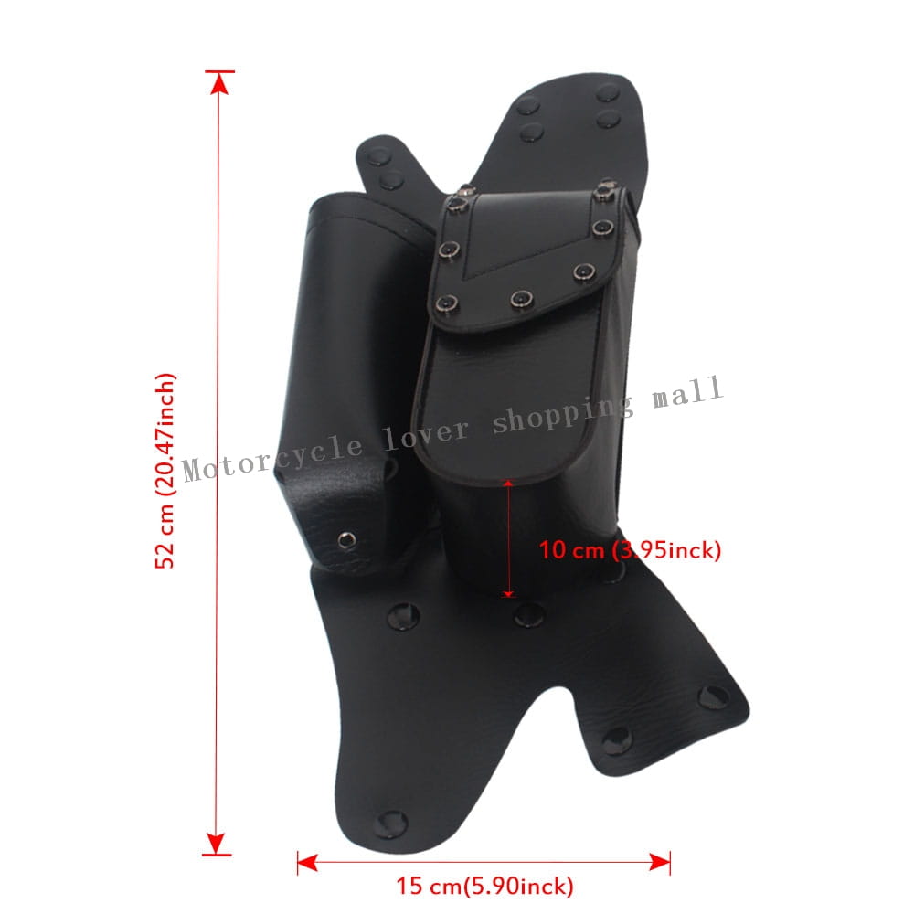 Black leather motorcycle holster with dual compartments and silver toned metal rivets designed as Harley touring saddlebag guard bags made of PU leather.