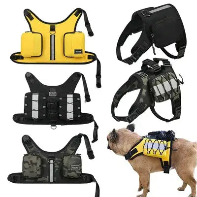Chaleco táctico amarillo para perros hecho de tela Oxford, con múltiples bolsillos y tiras reflectantes, mostrado como una mochila de viaje para mascotas para caminatas y para suministros para mascotas.
