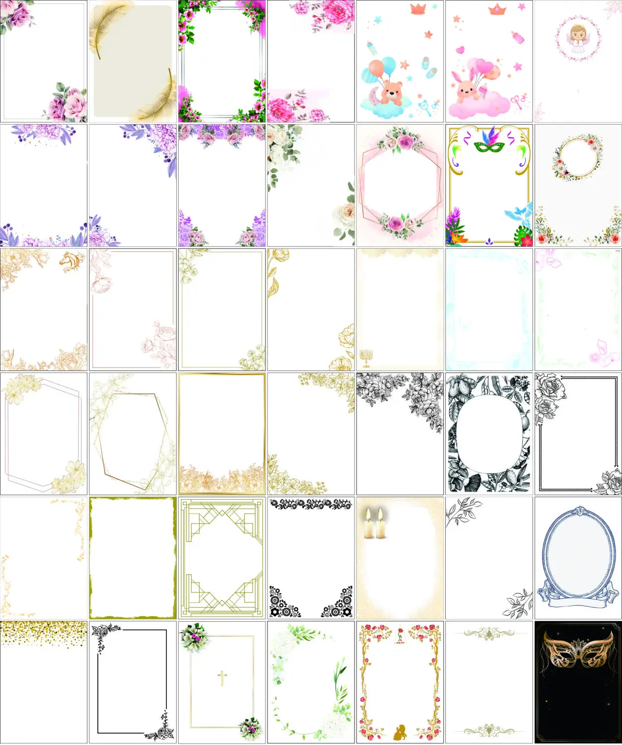 a collection of custom hebrew acrylic prayer card wedding and bar mitzvah souvenir printable borders featuring floral whimsical animal and ornate designs in pastel pinks purples golds and black and white patterns
