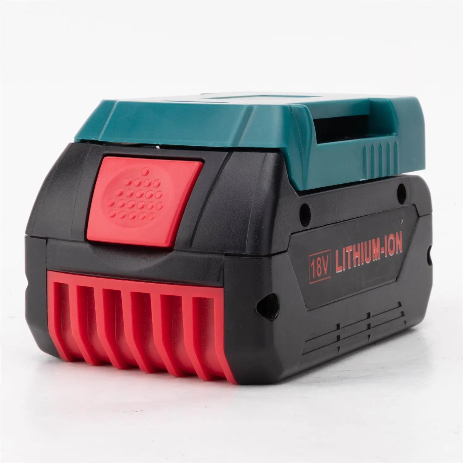 bosch 20v battery power bank fast charger featuring an 18v lithium-ion battery with black red and teal plastic casing for portable power solutions.