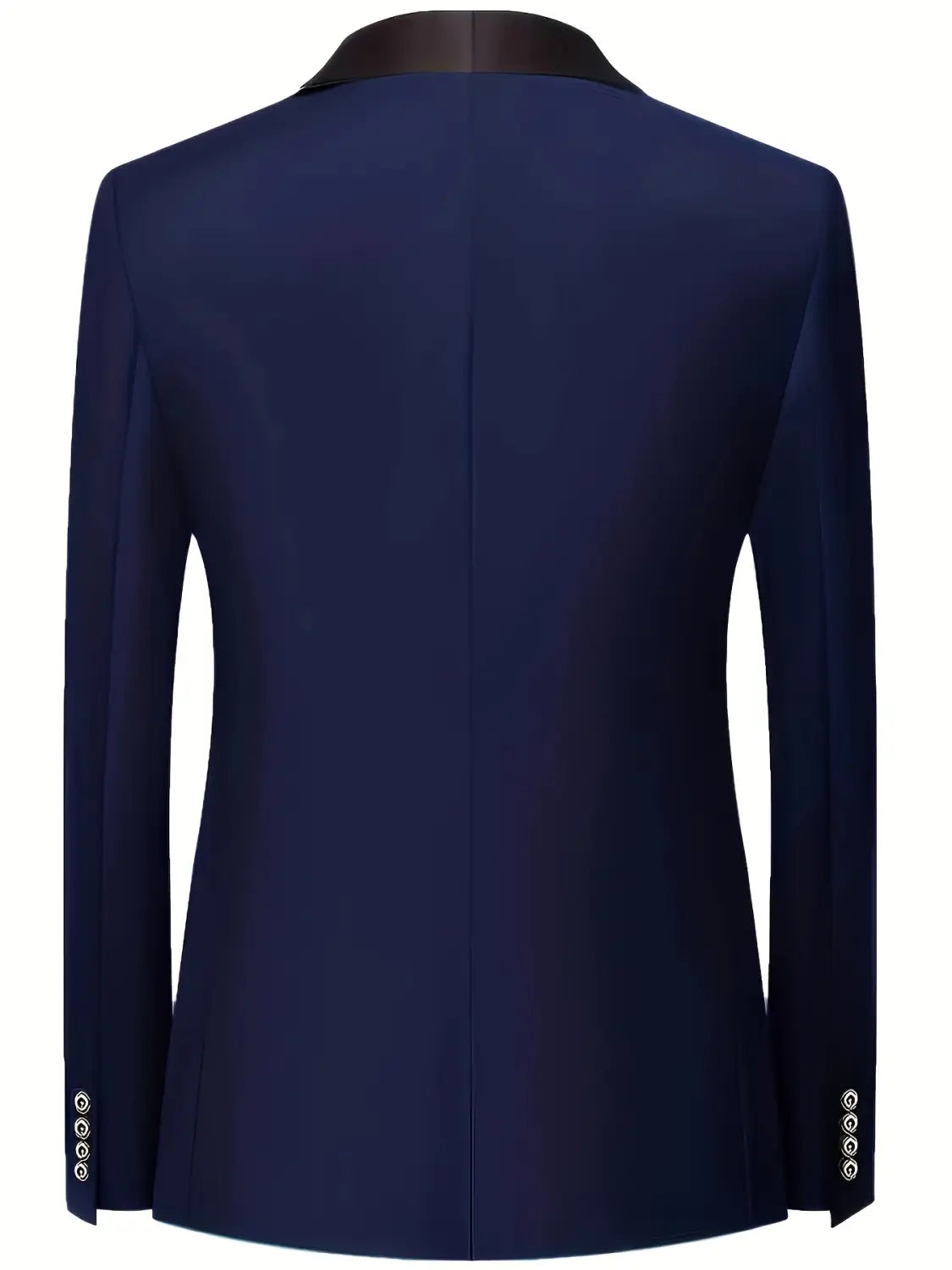 Veste de smoking homme slim fit bleu marine avec col en satin noir contrastant et poignets boutonnés assortis, présentant un type de fermeture simple.