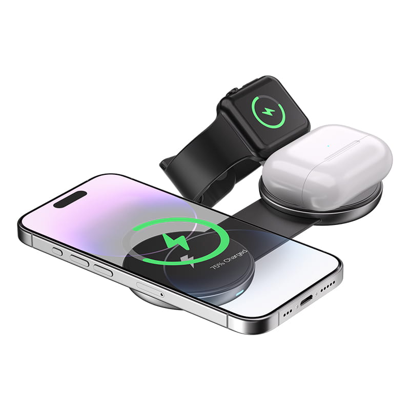 Black foldable 3-in-1 magnetic wireless charger with three slots for phone watch and earbuds.