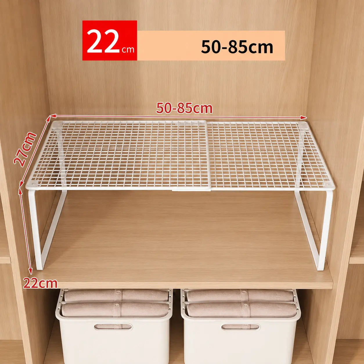 white metal mesh closet shelf with adjustable width and sturdy frame designed as an expandable cabinet organizer for efficient storage.
