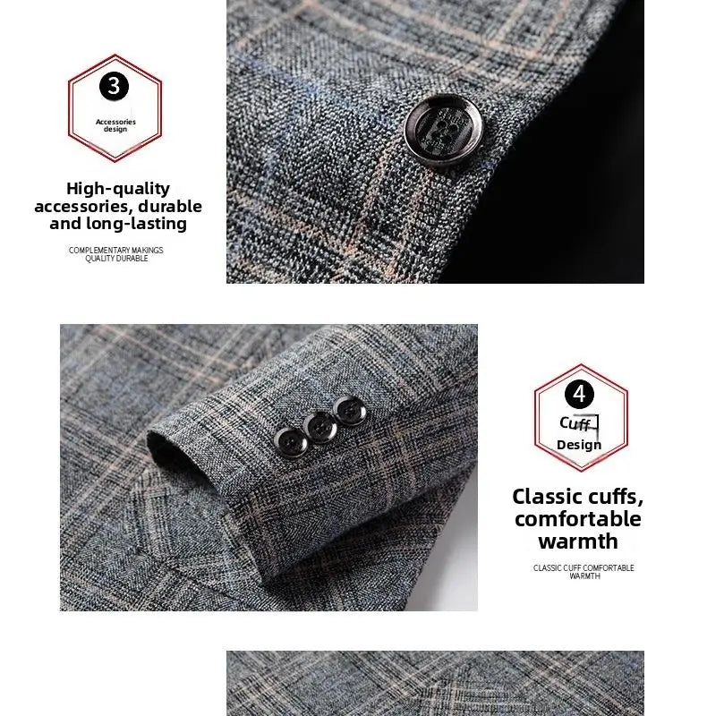 Blazer de lana con mezcla de cuadros grises para hombre, estilo casual de negocios, con botones negros y puños clásicos.