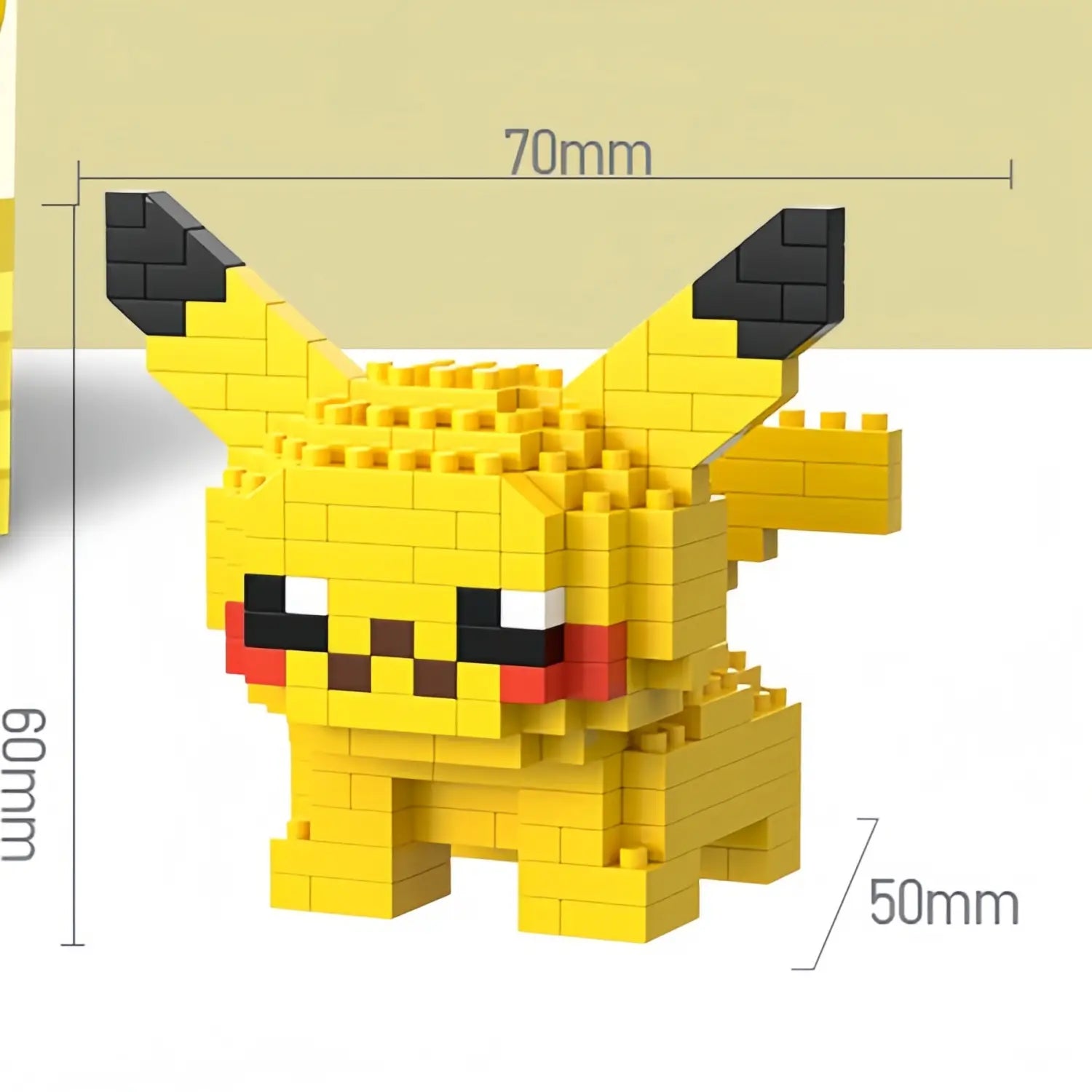 yellow pikachu figure with black-tipped ears and red cheeks constructed from interlocking plastic bricks in the pokemon micro building block figures set