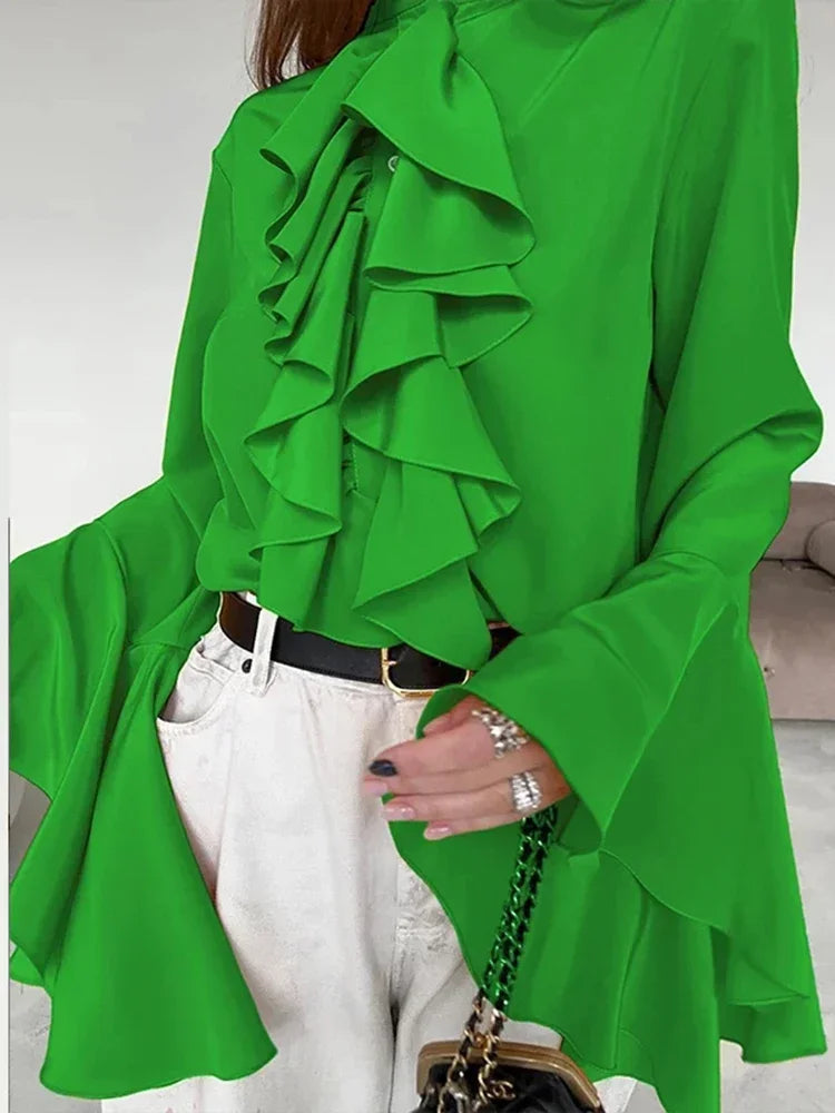 Women's Elegant Ruffle Single Breasted Shirts Casual O-Neck Sleeve Blouses Fashion Lady Temperamentigan Shirts Tops for Spring