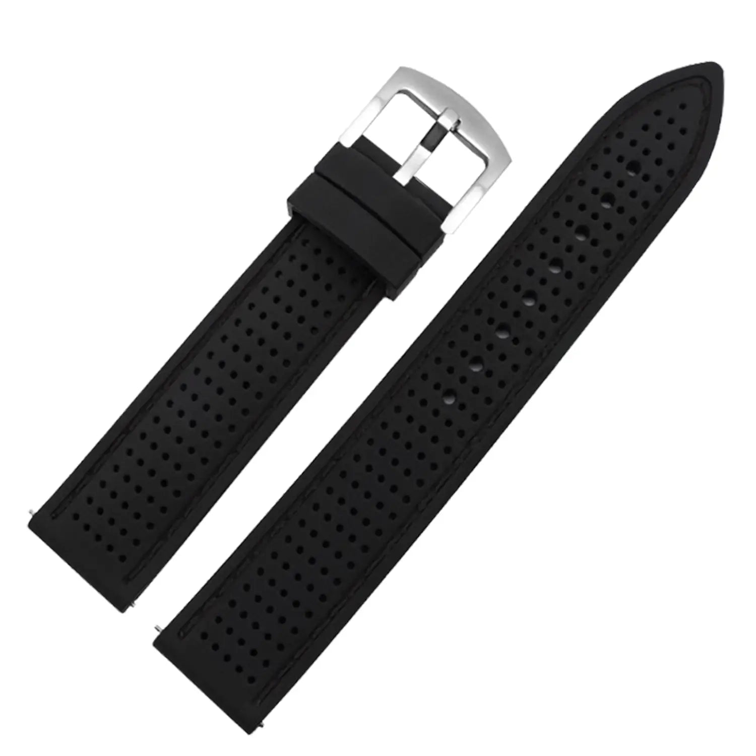 Schwarzes perforiertes Silikon-Uhrenarmband mit schnallenartigem Verschluss in Silberton im Schnellverschluss-Design für 20 mm, 22 mm, 24 mm.