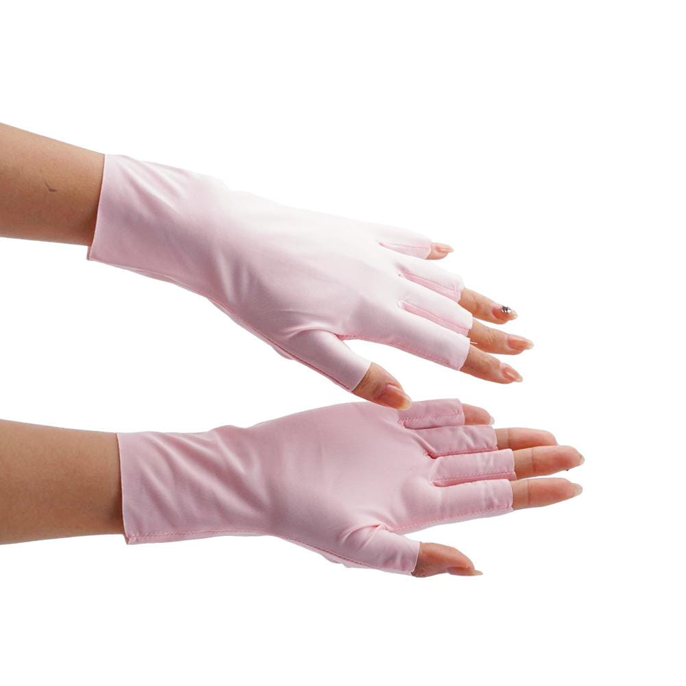 pink uv protection fingerless sunscreen driving gloves made of smooth stretchy fabric shown from the back side