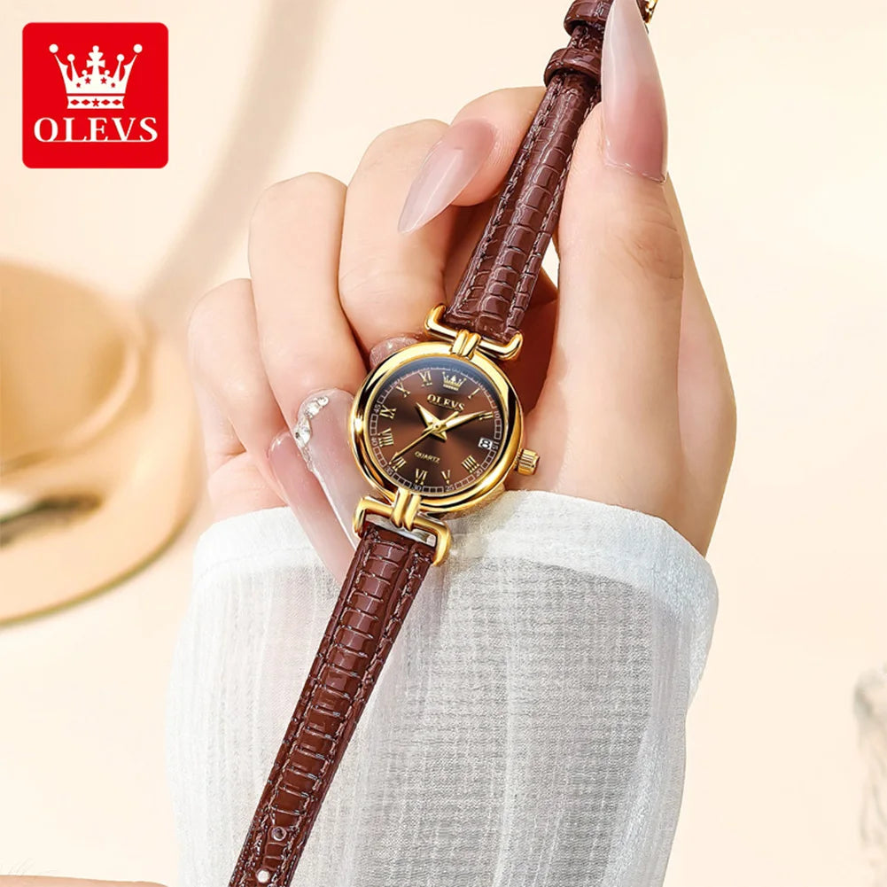 OLEVS Watches Womens Elegant Original Quartz Watch Leather Strap Waterproof Luminous Date Ladies Watches Girls Gifts Reloj New