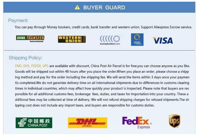L’image affiche un écran de politique de paiement et d’expédition protégé par l’acheteur, présentant des méthodes de paiement internationales, notamment Visa et Western Union, pour les survêtements pour homme en molleton, type jogger, décontractés, pour entraînement.