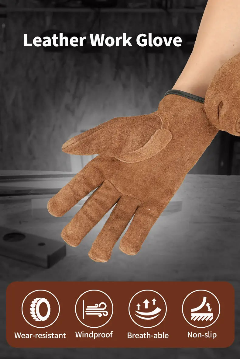 Heavy duty suede work glove for men in brown leather with reinforced fingers and a black wrist strap shown from the back side.