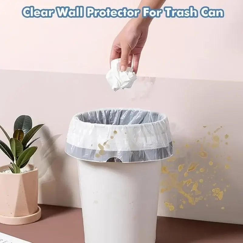 Film de protection de mobilier transparent antirayures, parement mural transparent doté d’un motif à rayures gris et blanc, parfaitement ajusté au rebord d’une poubelle afin d’éviter les traces sur le mur.