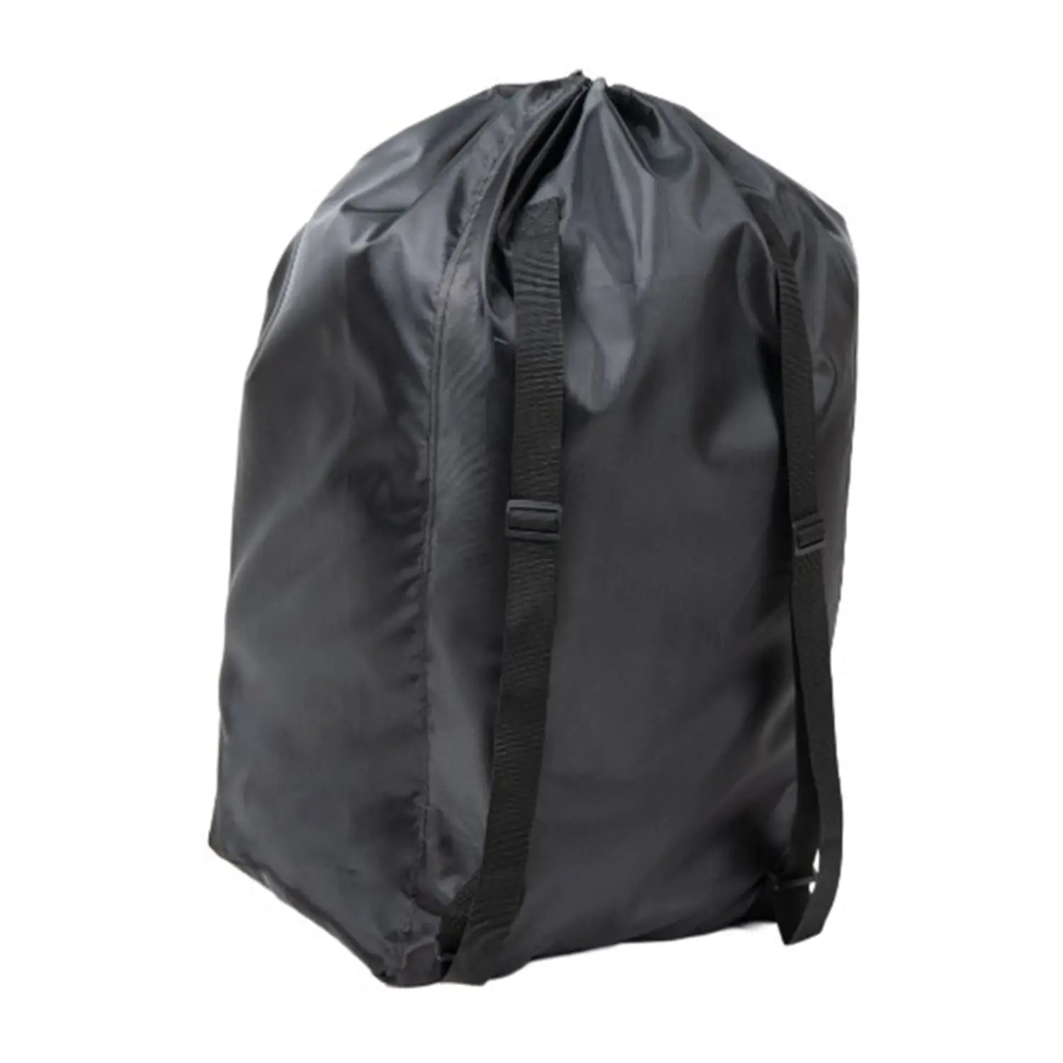 Schwarze Kordel-Kindersitz-Reise-Tasche aus strapazierfähigem, leicht glänzendem wasserdichtem Stoff mit verstärkten Schulterriemen zur Aufbewahrung und zum Transport.