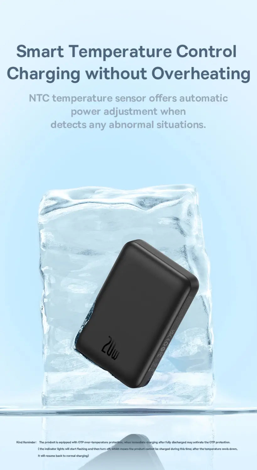 Black rectangular baseus magnetic power bank with a sleek matte finish and subtle branding features 20w wireless charger capacity and high energy conversion rate.