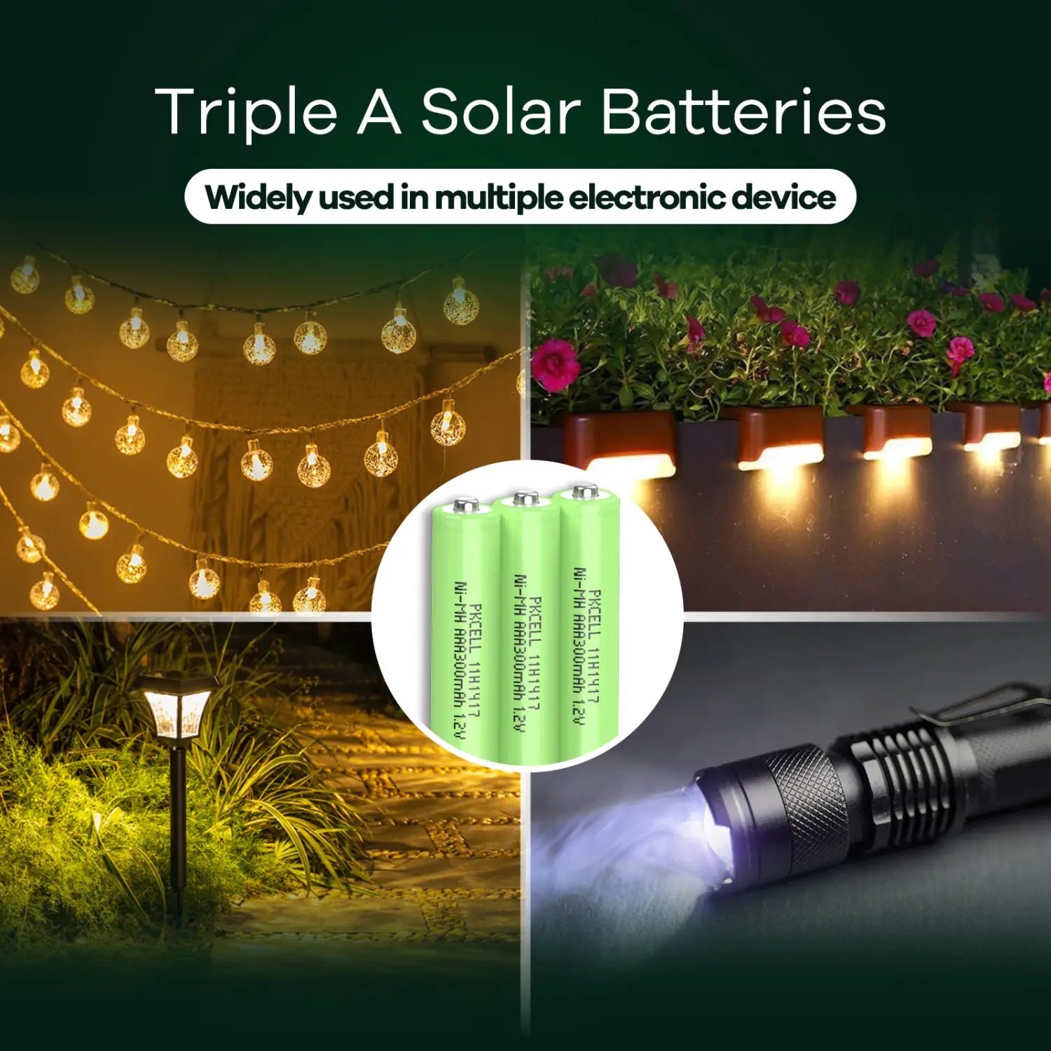 Trois batteries rechargeables au NiMH AAA pxcell 18497 vertes, chacune étiquetée avec des spécifications disposées sous forme d’affichage circulaire, pour des batteries rechargeables au NiMH 300 mAh, lot de 20.