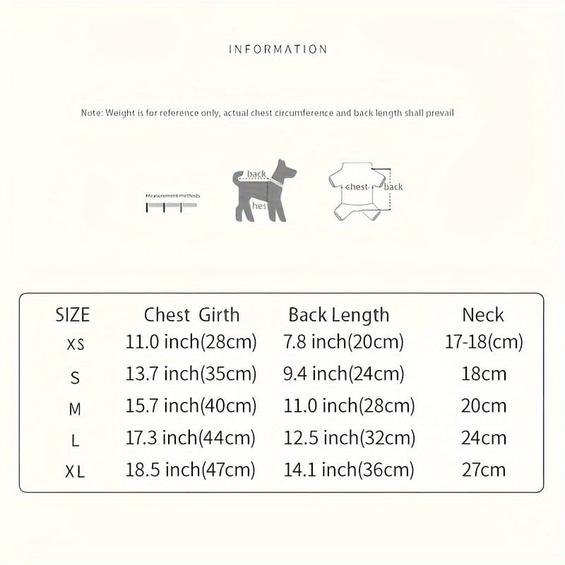 Tabla de tallas para la ropa de gatitos: suéter de invierno esponjoso y mullido con un adorable aplique de cerdito, con medidas en pulgadas y centímetros para tallas de abrigo de perro desde XS hasta XL.